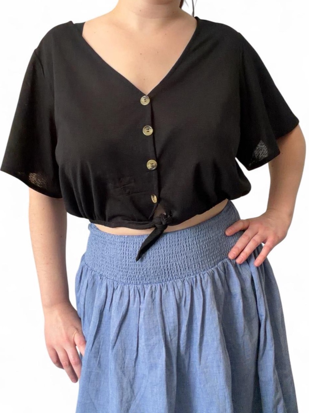 H&M Black Button-up Tie-Front Crop Top